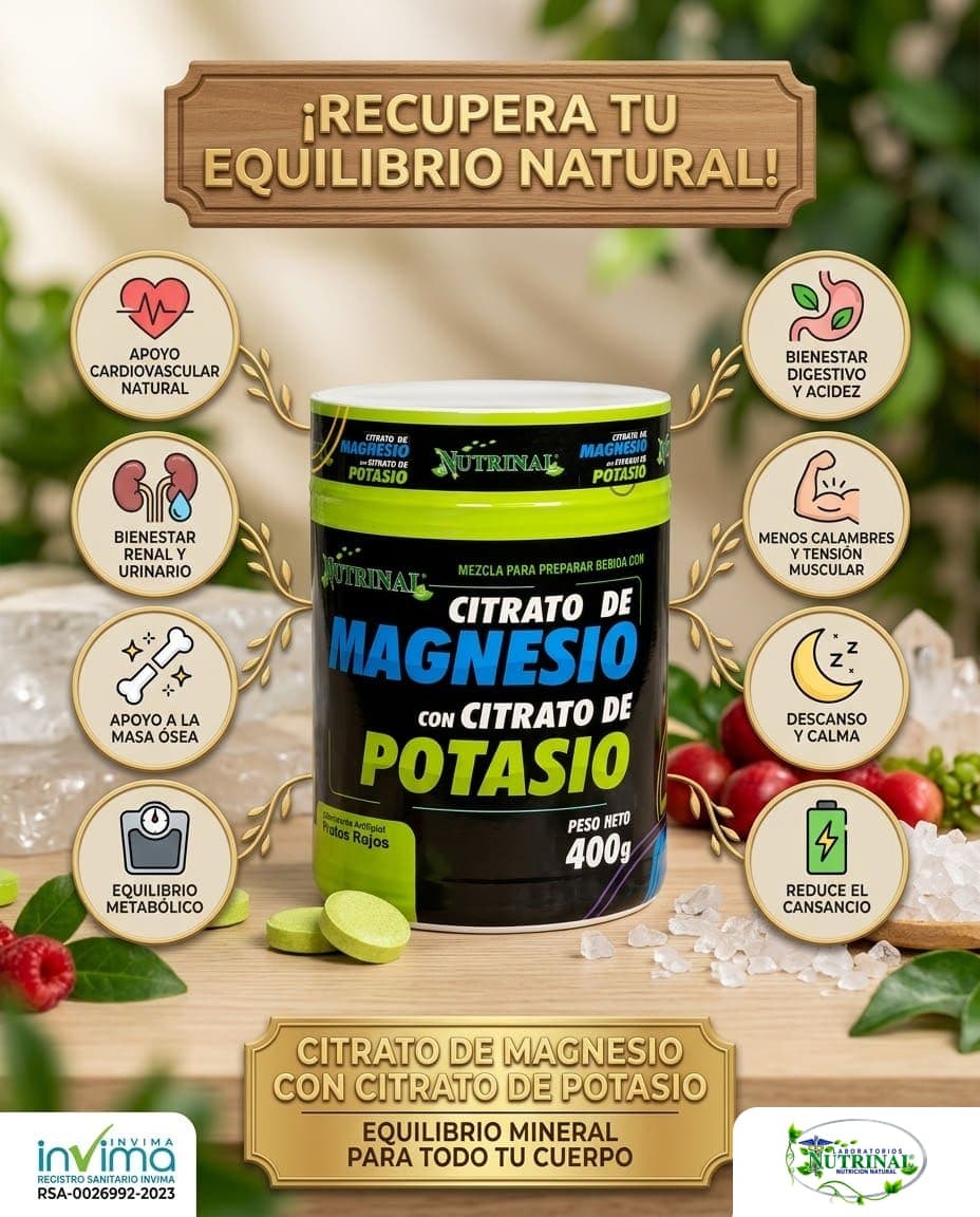 Citrato de Magnesio con Citrato de Potasio de Laboratorios Nutrinal: Dos citratos en polvo, sabor frutos rojos
