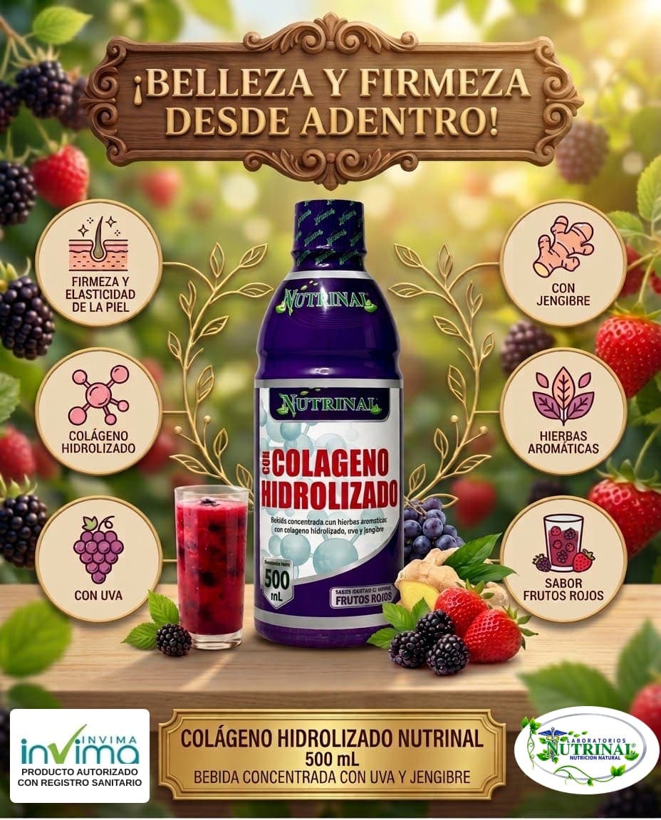 Colágeno Hidrolizado en bebida de Laboratorios Nutrinal: Colágeno, uva y jengibre en sabor frutos rojos