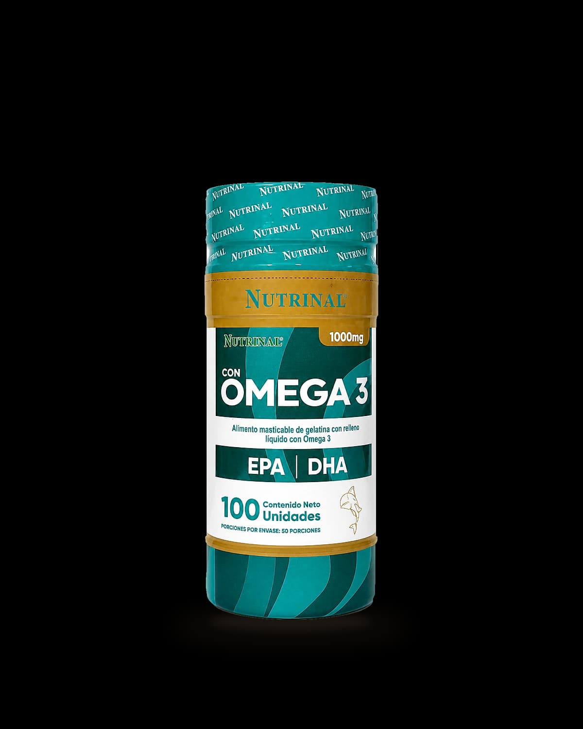 Frasco de Omega 3 EPA DHA de Laboratorios Nutrinal con 100 cápsulas blandas de gelatina