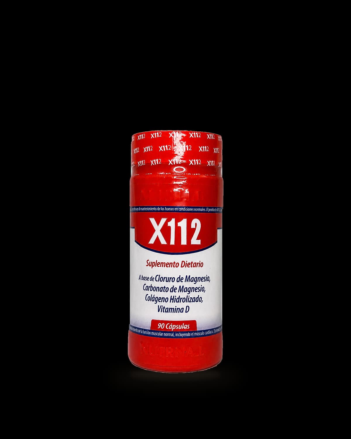 Frasco rojo de X112 de Laboratorios Nutrinal con 90 cápsulas de magnesio, colágeno y vitamina D