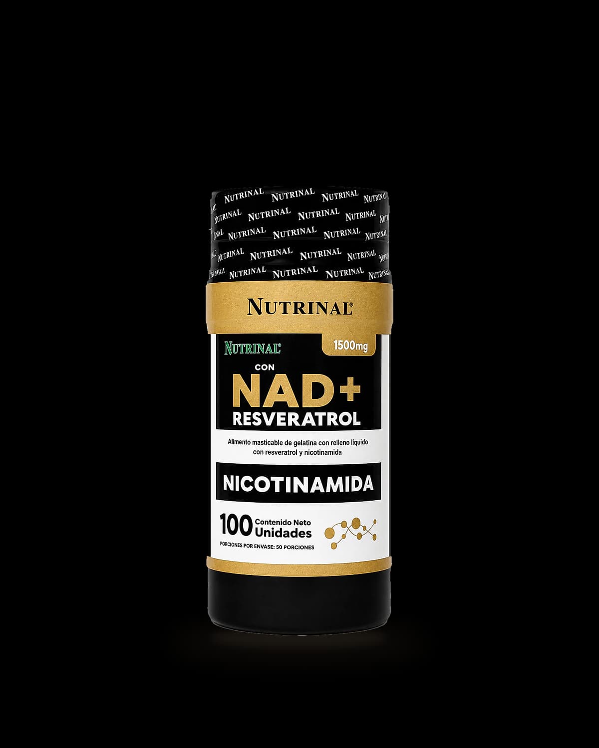 Frasco de NAD+ Resveratrol de Laboratorios Nutrinal con 100 cápsulas blandas de gelatina