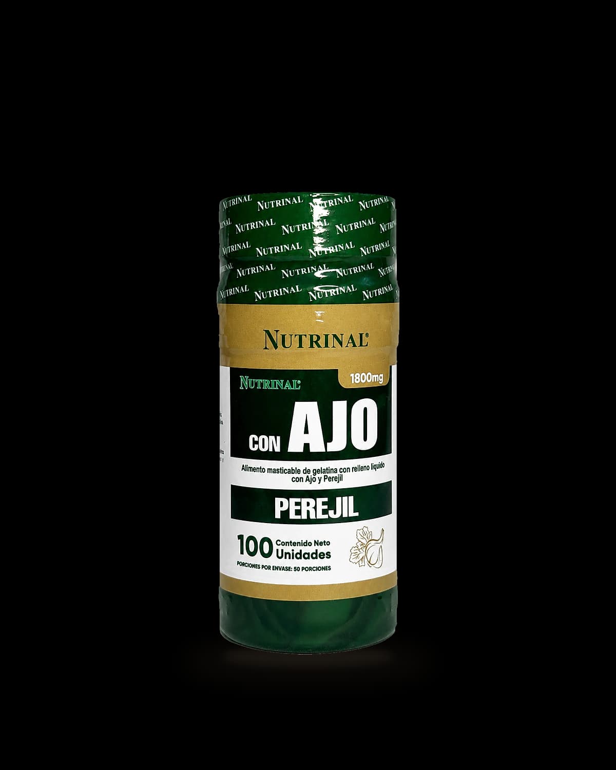 Frasco de Ajo Perejil de Laboratorios Nutrinal con 100 cápsulas blandas de gelatina
