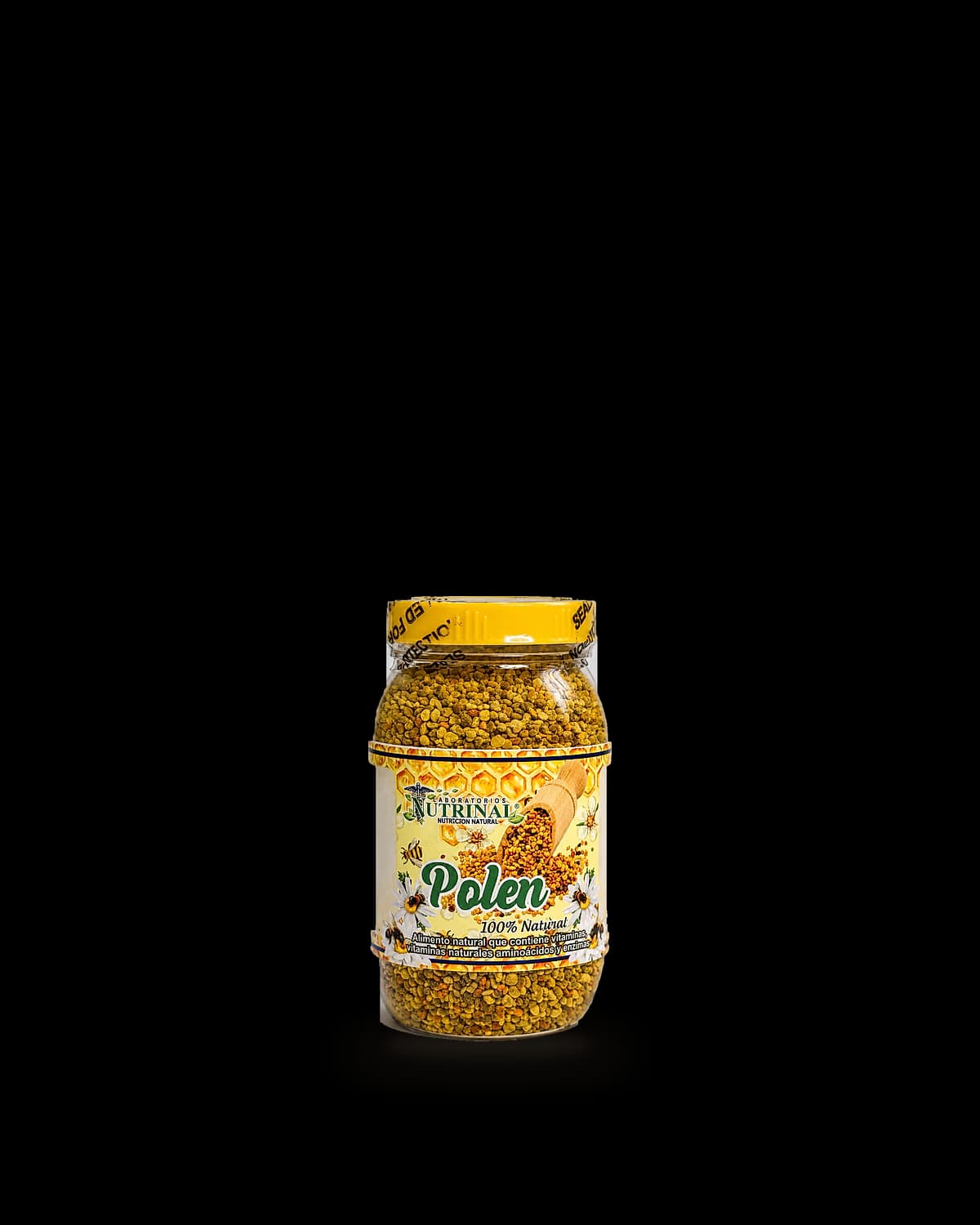 Frasco de Polen 100 % natural de Laboratorios Nutrinal, gránulo de abeja en frasco de vidrio con tapa amarilla