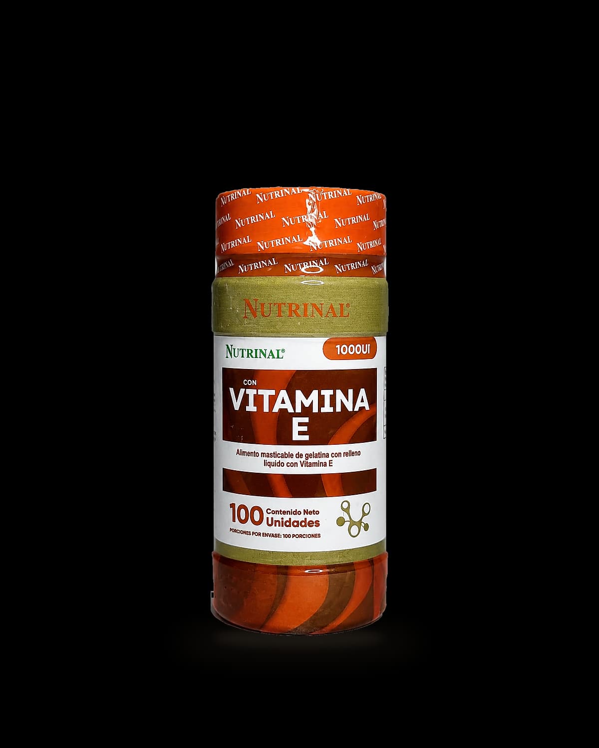 Frasco de Vitamina E 1000 UI de Laboratorios Nutrinal con 100 cápsulas blandas de gelatina