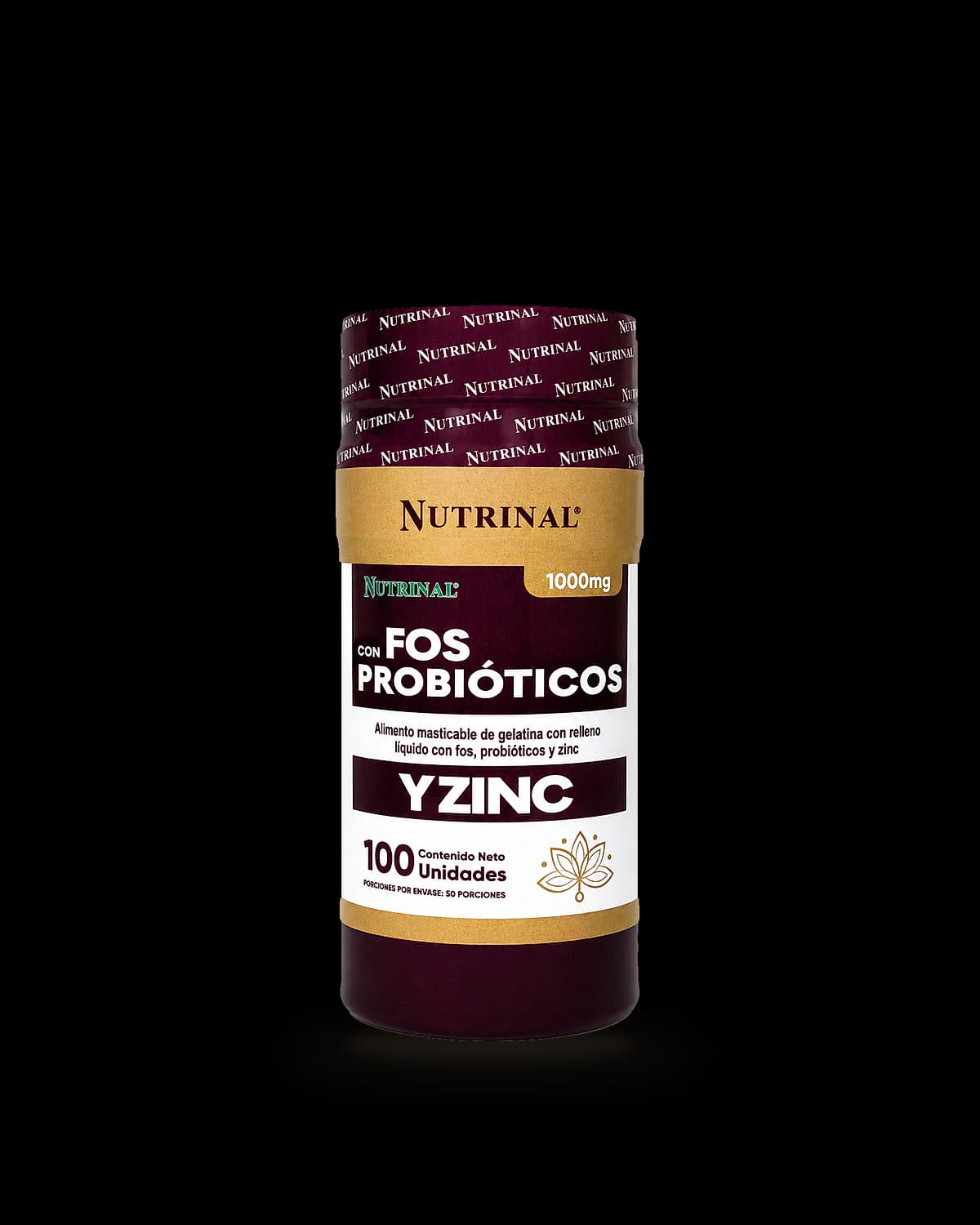 Frasco de FOS Probióticos y Zinc de Laboratorios Nutrinal con 100 cápsulas blandas de gelatina