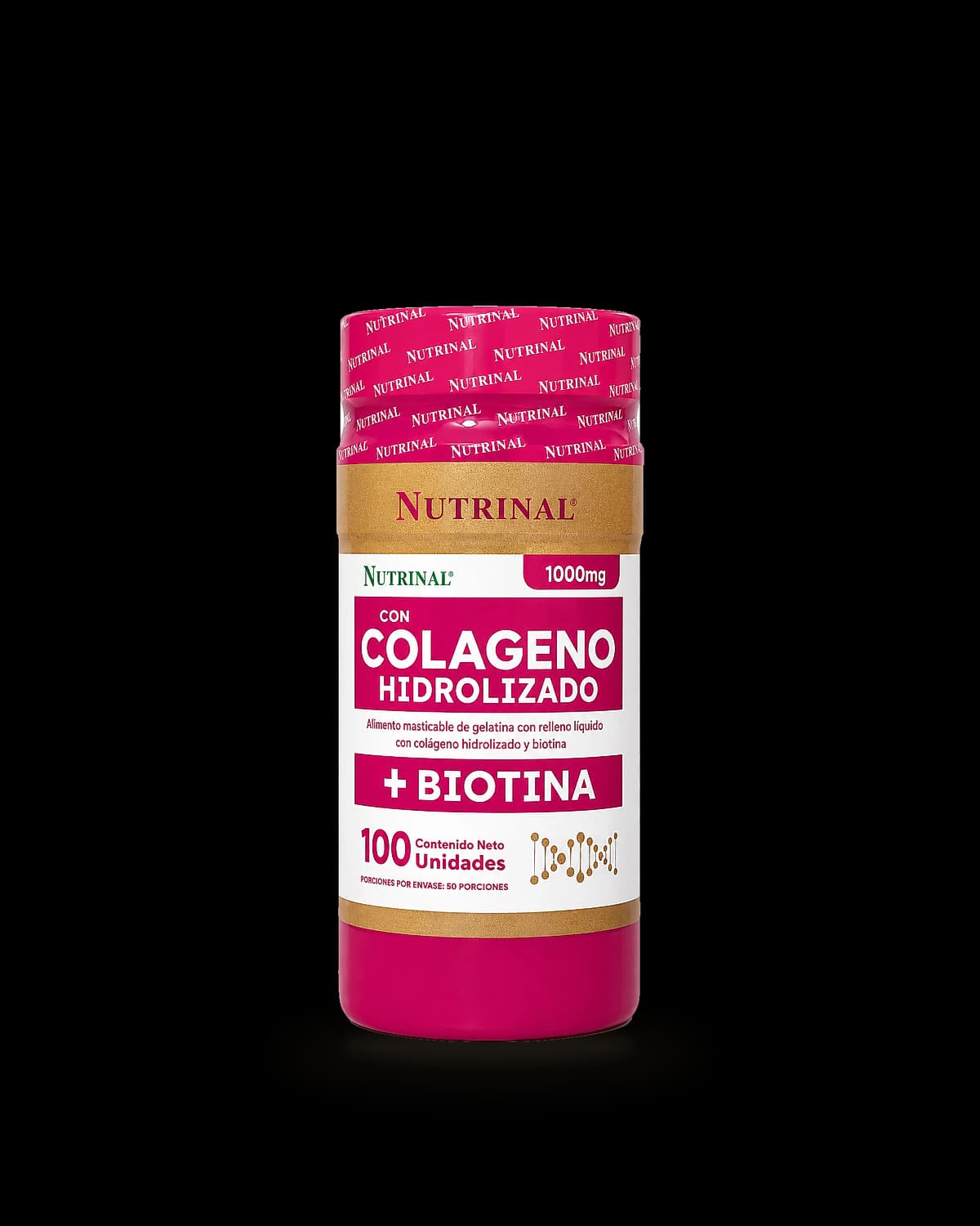 Frasco de Colágeno Hidrolizado con Biotina de Laboratorios Nutrinal, 100 cápsulas blandas de gelatina