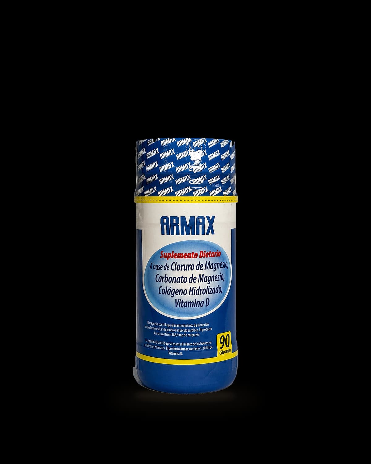 Frasco azul de ARMAX de Laboratorios Nutrinal con 90 cápsulas de magnesio, colágeno y vitamina D